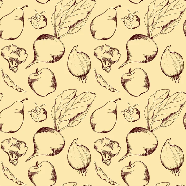 Légumes fruit monochrome encre dessinée à la main motif texture sans couture fond vecteur — Image vectorielle