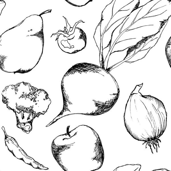野菜果物モノクロ インク手描き下ろしのシームレス パターン テクスチャ背景のベクトル — ストックベクタ