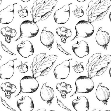 Sebze meyve tek renkli mürekkep el çekilmiş Dikişsiz desen doku arka plan vektör