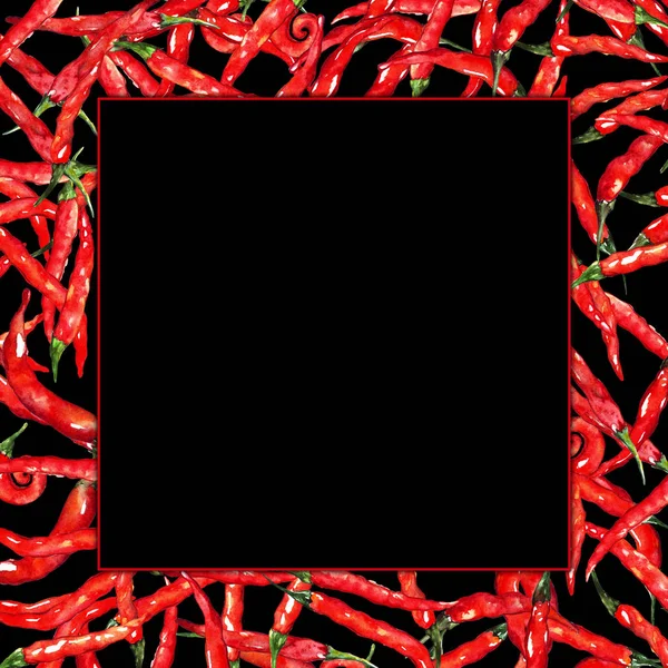 Aguarela vermelho quente chili pimenta picante pimenta moldura fronteira — Fotografia de Stock