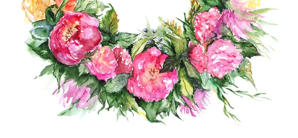 Akvarell virág virág romantikus koszorú keret illusztráció — Stock Fotó