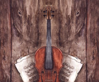 Suluboya Klasik keman keman müzik aleti ile ahşap doku arka planda müzik notlar