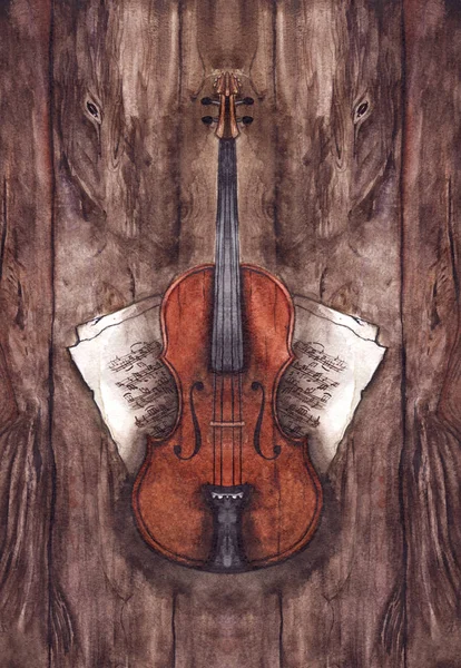 Instrumento musical violín vintage acuarela con notas musicales sobre fondo de textura de madera — Foto de Stock