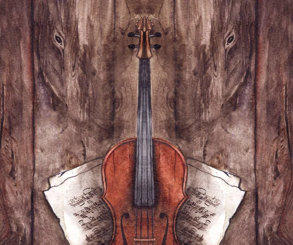 Aquarelle violon vintage violon violon instrument de musique avec des notes de musique sur fond de texture en bois — Photo