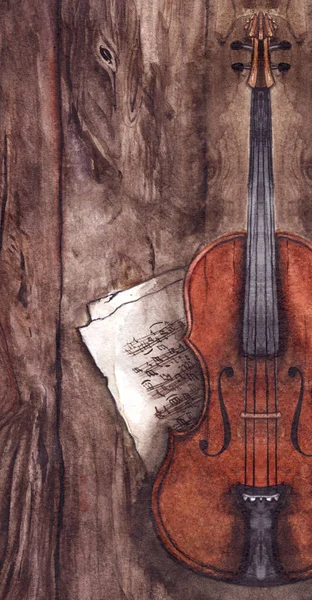 Watercolor vintage violin fiddle musical instrument with music notes on wooden texture background — Stock Photo, Image