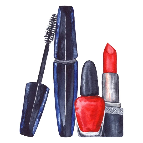 Mascara de mulher aquarela e batom vermelho e unha polonês manicure cosméticos compõem conjunto isolado — Fotografia de Stock