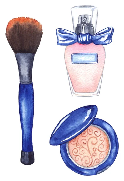 Aquarell Frauen kompakte Puder erröten Pinsel Werkzeug und Parfümflasche Eau de Parfum Kosmetik Make-up Set isoliert — Stockfoto