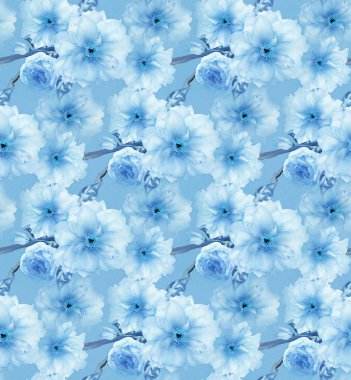 Kiraz sakura çiçek çiçek mavi dijital sanat Dikişsiz desen doku arka plan mavi