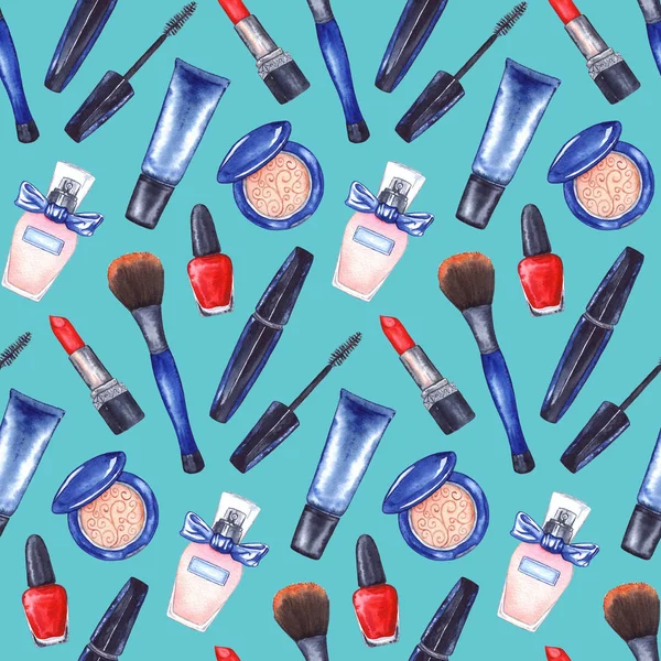 Mascara das mulheres aquarela, tubo de creme, batom vermelho, unha polonês manicure cosméticos compõem conjunto sem costura fundo textura padrão — Fotografia de Stock