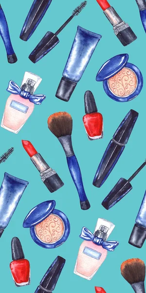Watercolor women\'s mascara, cream tube, red lipstick, nail polish manicure cosmetics make up set seamless pattern texture background
