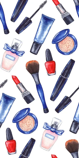 Akvarell kvinnors mascara, grädde tube, rött läppstift, nagellack manikyr kosmetika få upp set sömlösa mönster textur bakgrund — Stockfoto