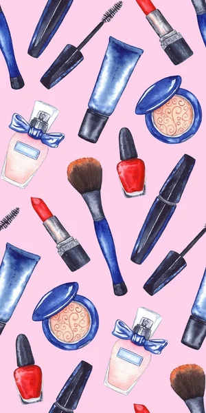 Akvarell kvinnors mascara, grädde tube, rött läppstift, nagellack manikyr kosmetika få upp set sömlösa mönster textur bakgrund — Stockfoto