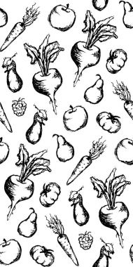 Sebze meyve tek renkli mürekkep el çekilmiş set Dikişsiz desen doku arka plan vektör