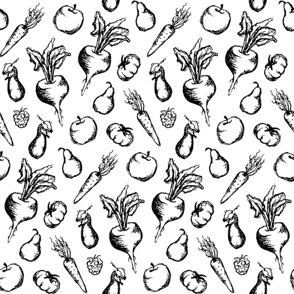 Légumes fruit monochrome encre dessinée à la main ensemble sans couture motif texture arrière-plan vecteur — Image vectorielle