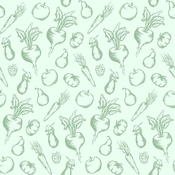 Fruta vegetal monocromo tinta dibujado a mano conjunto sin costuras patrón textura fondo vector — Vector de stock