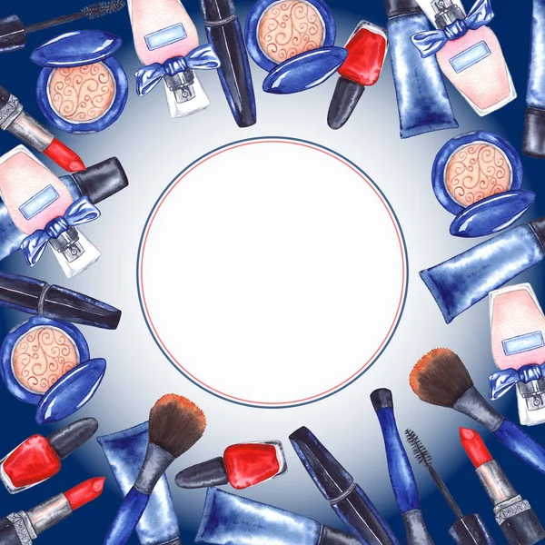 Akvarell kvinnors mascara och cream tube och rött läppstift och nagellack manikyr kosmetika gör upp ram gränsen inbjudan — Stockfoto