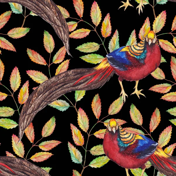 Akwarela Zwierzęta Ptak Bażant liść oddział wzór bezszwowe botaniczny tekstura tło — Zdjęcie stockowe