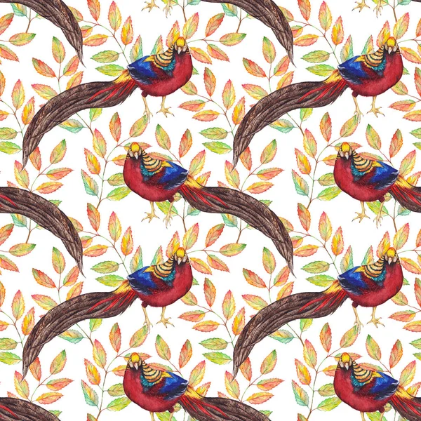水彩动物鸟野鸡叶枝植物无缝花纹纹理背景 — 图库照片