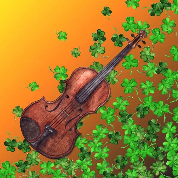 Watercolor wooden vintage violin fiddle musical instrument clover shamrock leaf plant pattern background — Stock Photo, Image