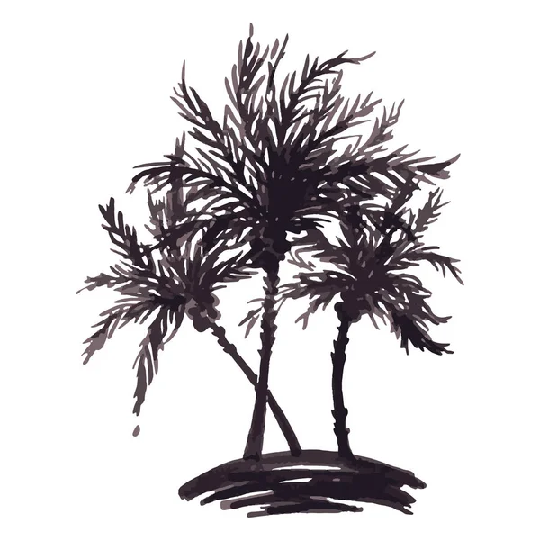 Monocromo tres palmera tropical mar océano playa dibujado a mano bosquejo vector — Vector de stock
