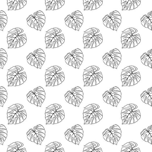 Monstera hoja tropical planta tinta línea arte dibujado a mano boceto sin costuras patrón textura fondo vector — Vector de stock