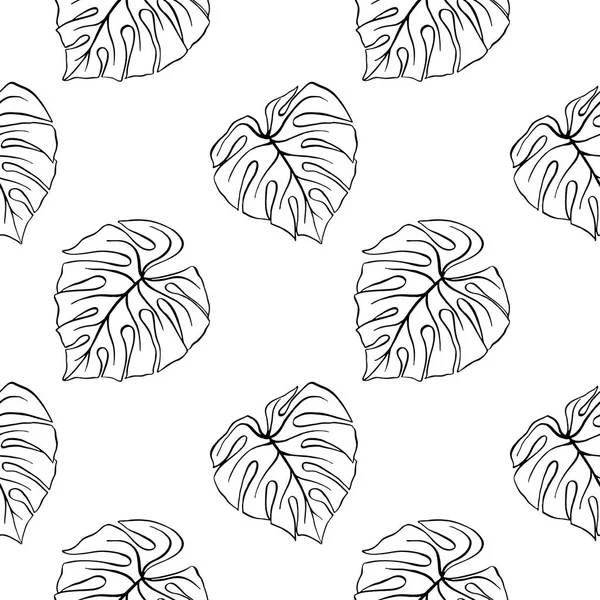 Monstera hoja tropical planta tinta línea arte dibujado a mano boceto sin costuras patrón textura fondo vector — Vector de stock