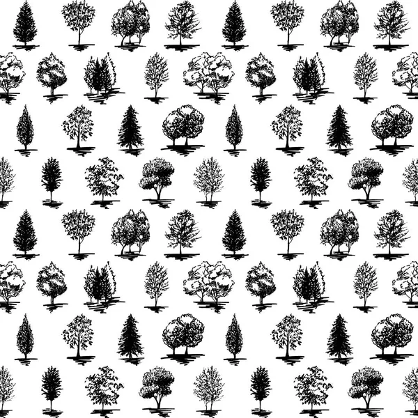 Monocromo silueta de árbol blanco y negro dibujado línea arte sin costura patrón fondo vector — Vector de stock