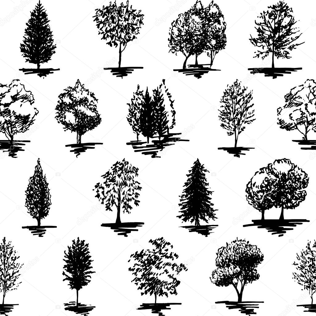 Monochrome black and white tree silhouette sketched line art seamless pattern background vector