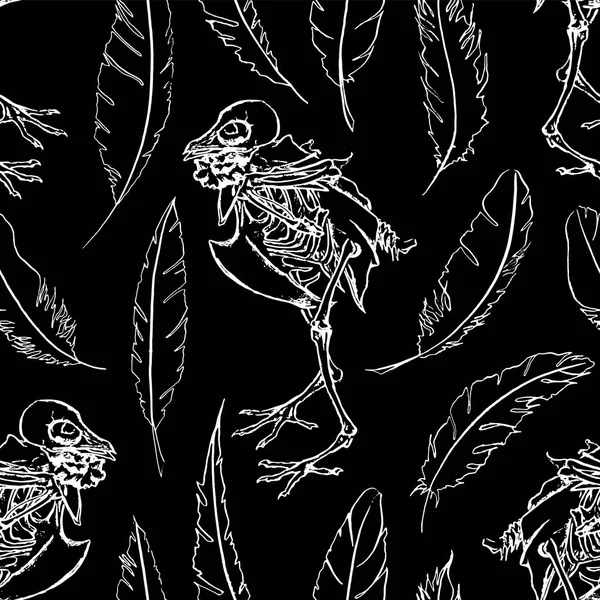 Monocromo esqueleto paloma pluma pájaro animal tinta línea arte patrón sin costuras textura fondo vector — Vector de stock