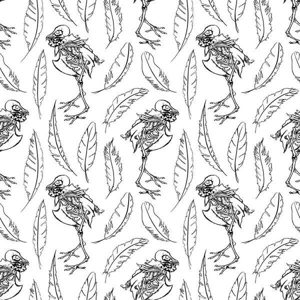 Monochrome skeleton dove pigeon feather bird animal ink line art seamless pattern texture background vector — Stock Vector