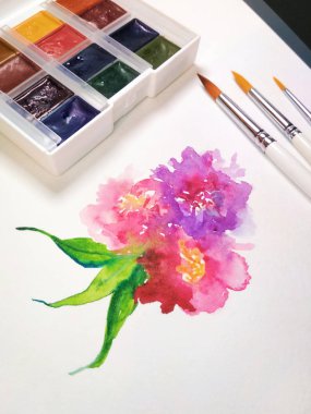 Suluboya çiçek çiçek kompozisyon bitki boya paleti fırça fırça yaratıcı sanat çizim fotoğraf