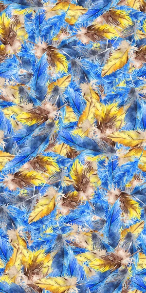 Watercolor blue jay yellow parrot bird feather seamless pattern texture background — Stock Photo, Image