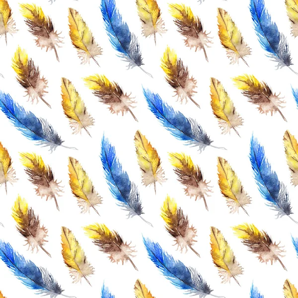 Aquarell blau Eichelhäher gelb Papagei Vogel Feder nahtlose Muster Textur Hintergrund — Stockfoto