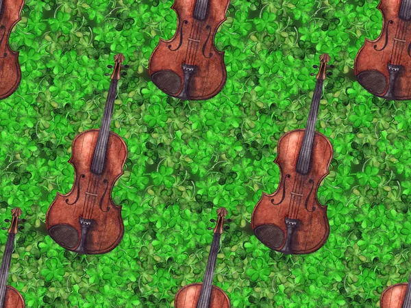 Aquarel houten vintage viool fiddle muziekinstrument clover shamrock blad plant Ierland naadloze patroon textuur achtergrond — Stockfoto