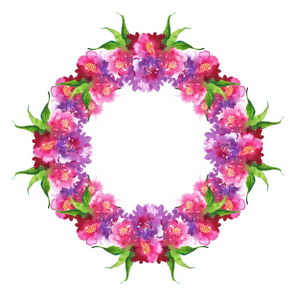 Aquarela rosa roxo flor peônia rosa cravo folha floral coroa quadro composição isolado arte — Fotografia de Stock