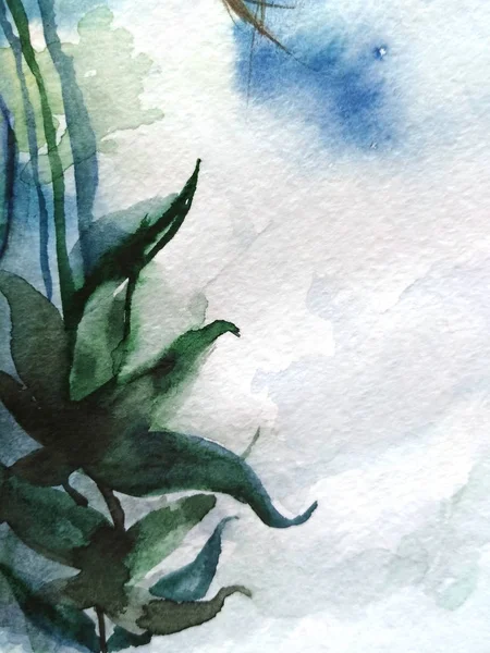 Акварель абстрактный зеленый лист ветви завода синий серый белый фон текстуры — стоковое фото