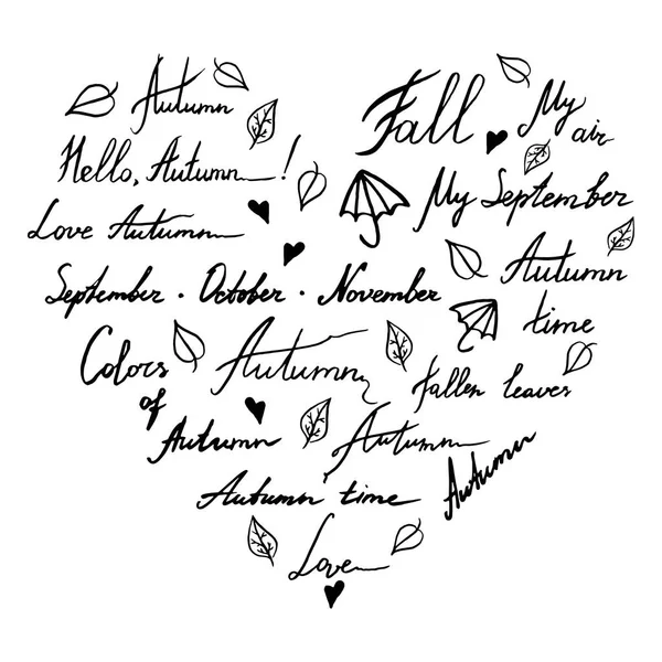 Palabra de otoño frase letra itálica tipografía corazón en forma de tinta dibujado a mano monocromo negro y blanco arte vector conjunto — Archivo Imágenes Vectoriales