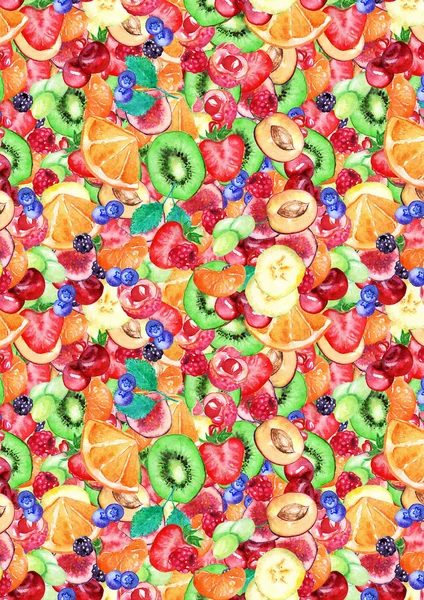 水彩のエキゾチックなフルーツ ベリー スライス パターン テクスチャ背景 — ストック写真