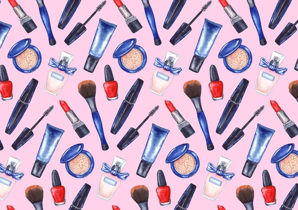 Akvarell kvinnors mascara, grädde tube, rött läppstift, nagellack manikyr kosmetika få upp mönster textur bakgrund — Stockfoto