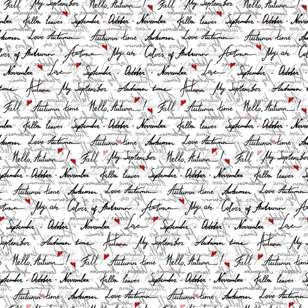 Autumn word phrase italic lettering ink monochrome black and white red art vector seamless pattern texture background — Stock Vector