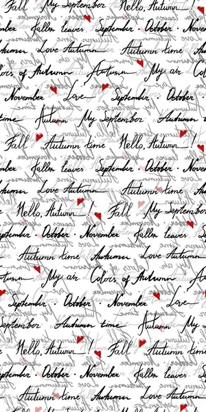 Automne mot phrase italique lettrage encre monochrome noir et blanc rouge art vecteur sans couture motif texture fond — Image vectorielle
