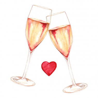 Sulu Boya iki kadeh şampanya şarap alkol kalp izole romantik aşk