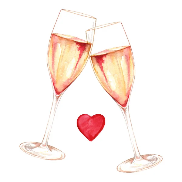 Ακουαρέλα δύο ποτήρια σαμπάνια κρασί αλκοόλ καρδιά αγάπη ρομαντικό απομονωμένο — Φωτογραφία Αρχείου