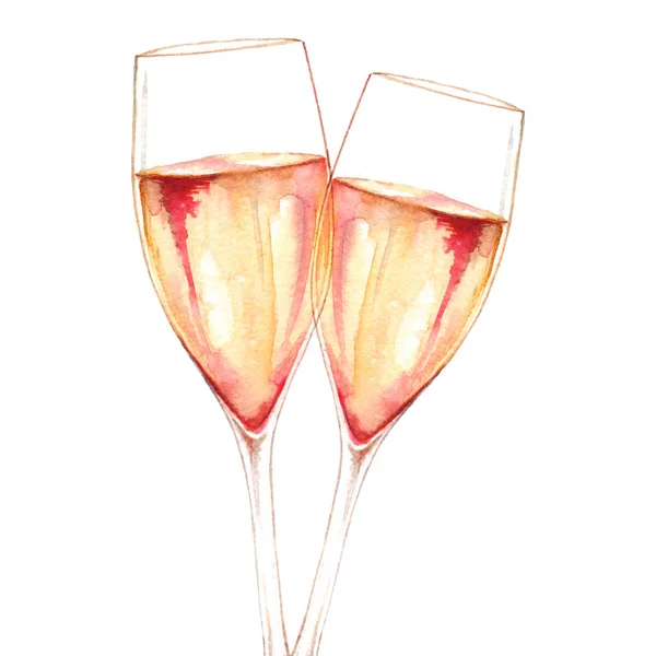 Acuarela dos copas de vino de champán alcohol aislado —  Fotos de Stock
