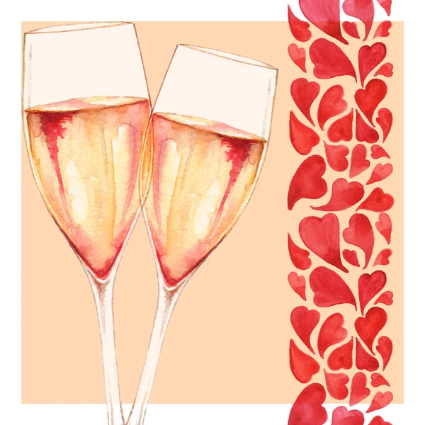 Ακουαρέλα δύο ποτήρια σαμπάνια κρασί αλκοόλ καρδιά αγάπη ρομαντικό πλαίσιο συνόρων ευχετήρια κάρτα απομονωμένες — Φωτογραφία Αρχείου