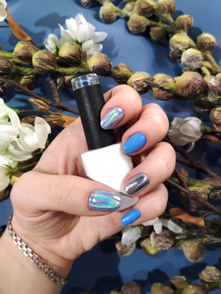 Woman Hand Finger Blue Silver Metallic Holographic Manicure Gel Nail — Stock Photo, Image