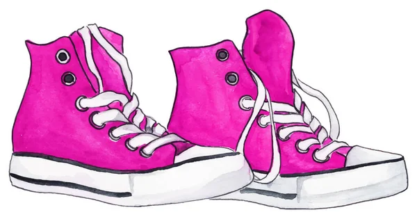 Akvarell Rózsaszín Bíbor Tornacipő Pár Cipő Elszigetelt Vektor — Stock Vector