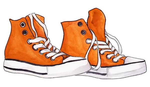 Watercolor Orange Sneakers Pair Shoes Isolated Vector — Stock Vector