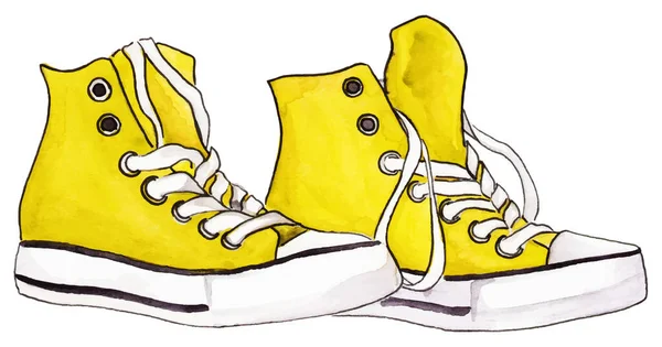 Υδατογραφία Κίτρινο Λεμόνι Αθλητικά Παπούτσια Ζευγάρι Απομονωμένο Διάνυσμα — Διανυσματικό Αρχείο