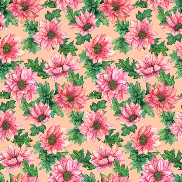 Akvarel Růžová Chryzantéma Květiny Zelené Listy Bezešvé Vzor Textury Pozadí — Stock fotografie
